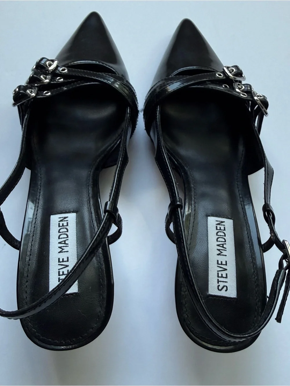 Steve Madden Women’s Black Pointed Slingback Kitten Heels with Buckle Straps